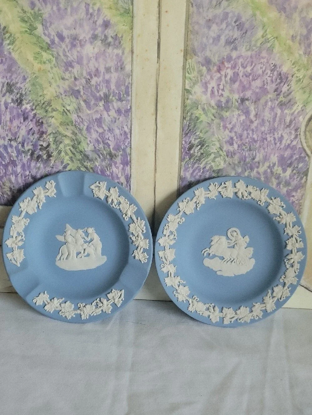 Vintage Wedgwood Pale Blue Jasperware Ashtray & Trinket Dish Set of 2 Neoclassic